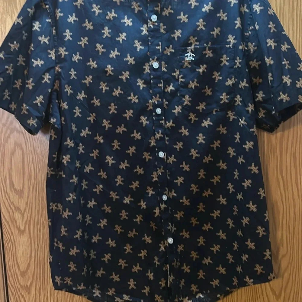 Penguin Brand Boys Large Gingerbread Christmas Holiday Button Down Dk Blue